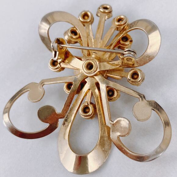 Vintage 1940s Gold Tone Brooch Blue Rhinestone Mid Century Floral Pin Jewelry - Picture 7 of 10